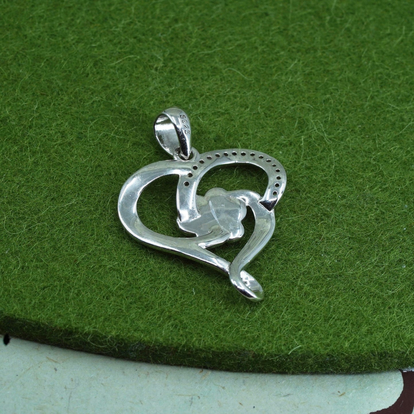 Vintage Sterling silver handmade pendant, 925 heart with black paw and cz