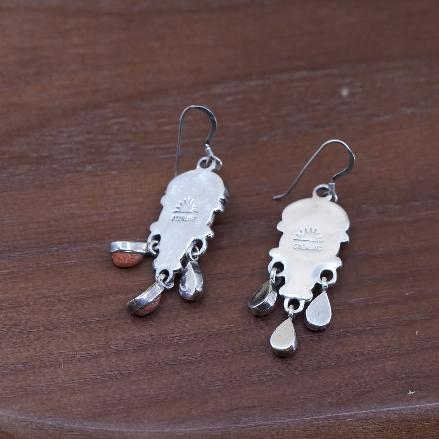 Native American signed SUN RAYS Sterling 925 silver handmade earrings w/ coral