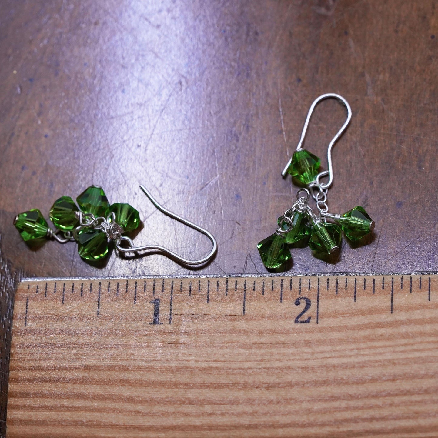 Vintage sterling silver handmade earrings, 925 silver with green crystal drops