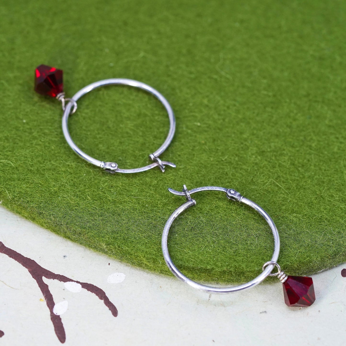 1”, Vintage sterling silver loop earrings, primitive hoops with red crystal