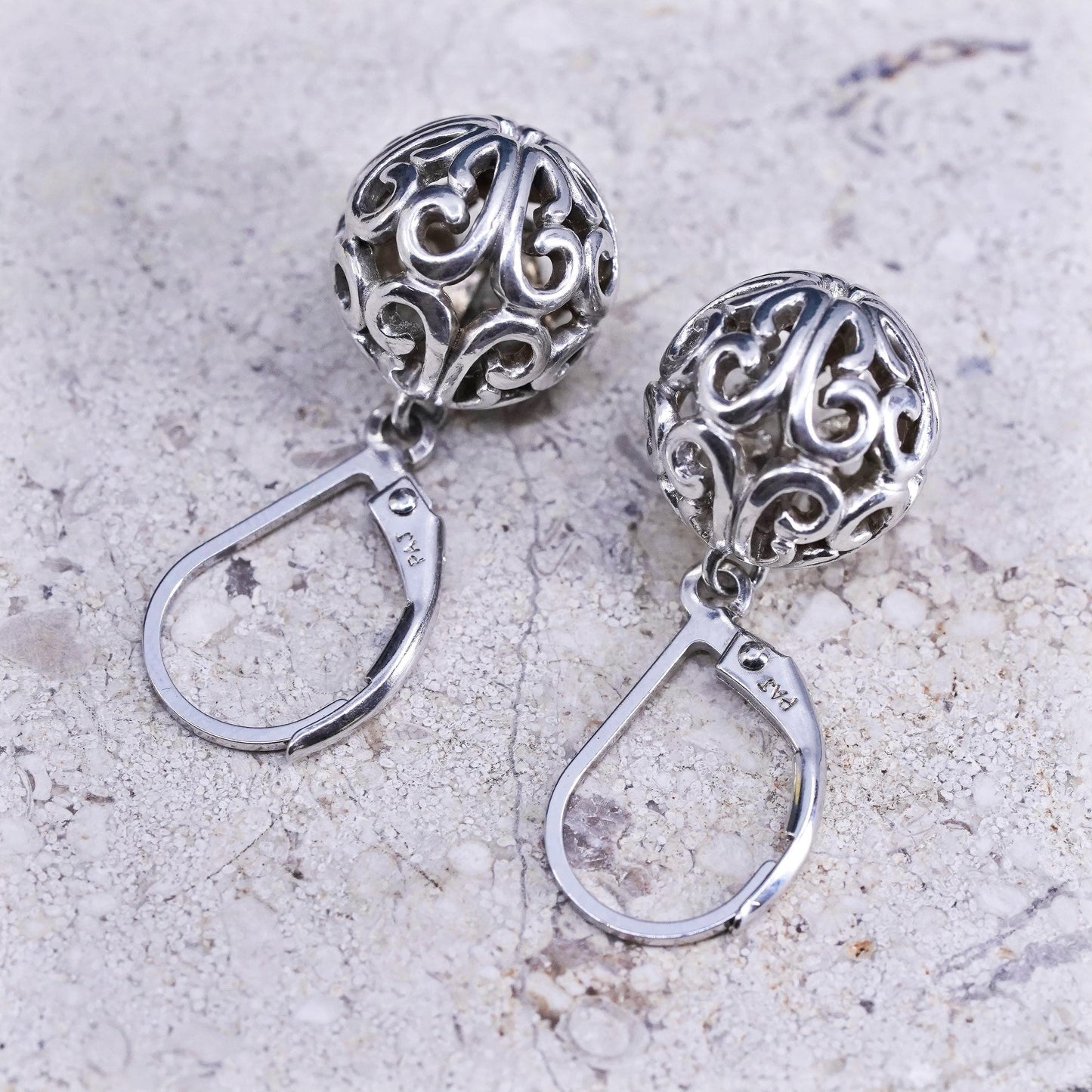 Vintage sterling silver handmade earrings, 925 silver filigree Bali beads drop