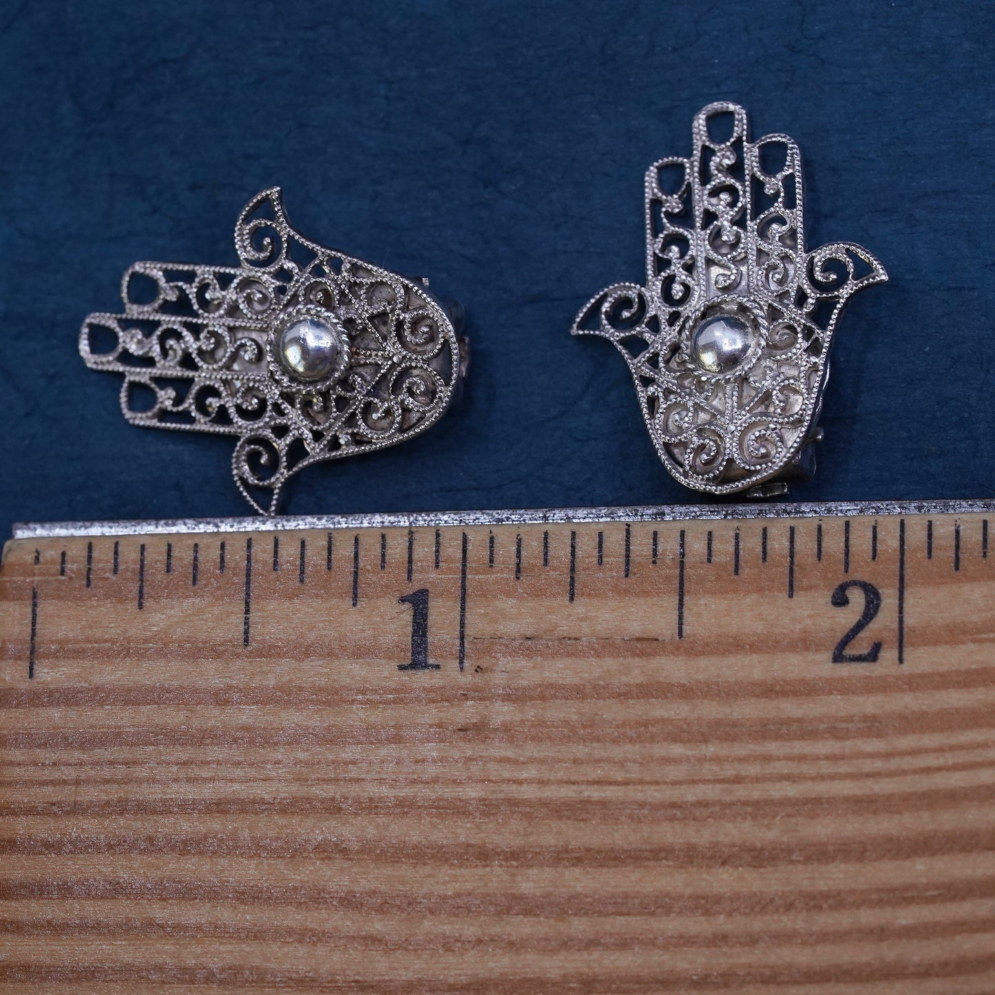 Vintage Sterling silver handmade filigree earrings, 925 healing hand clip on