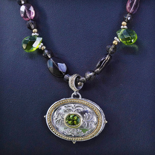 18”, two tone smoky quartz and peridot bead necklace with oval peridot pendant
