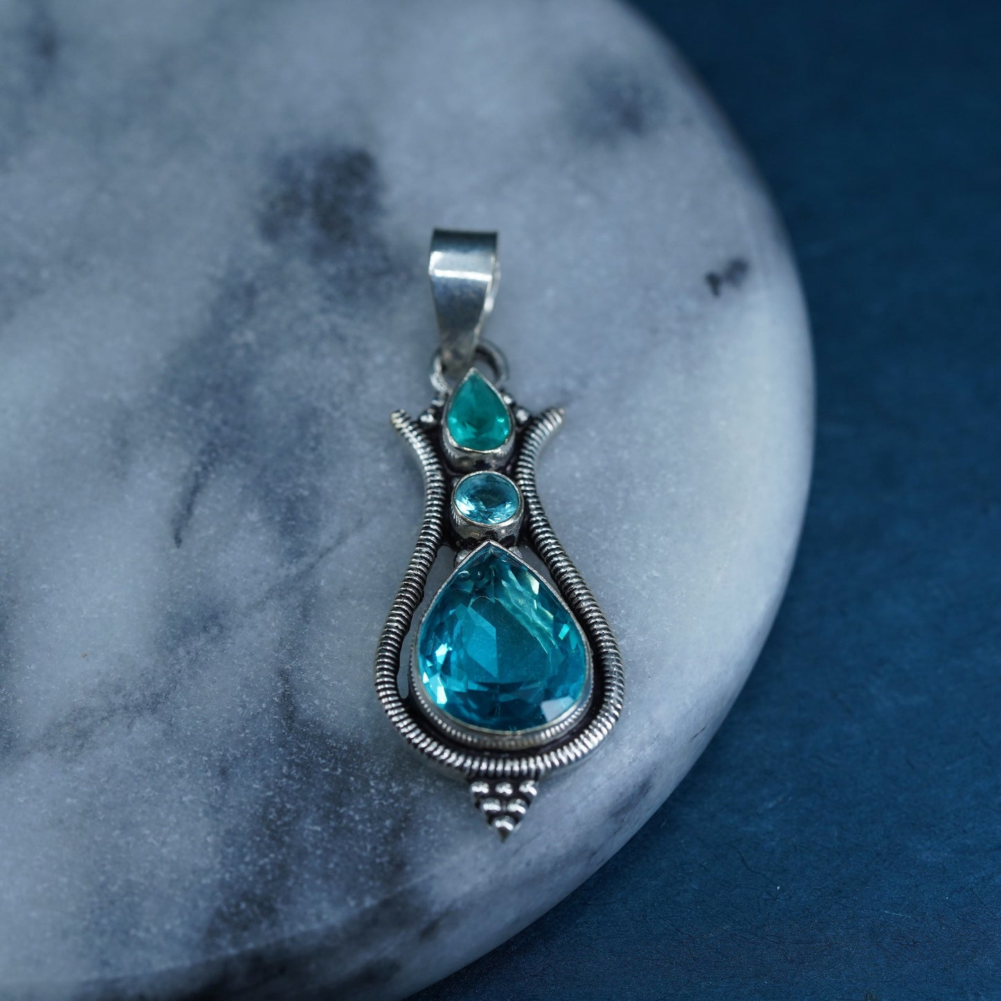 Vintage Sterling silver handmade pendant, 925 teardrop with blue topaz cable