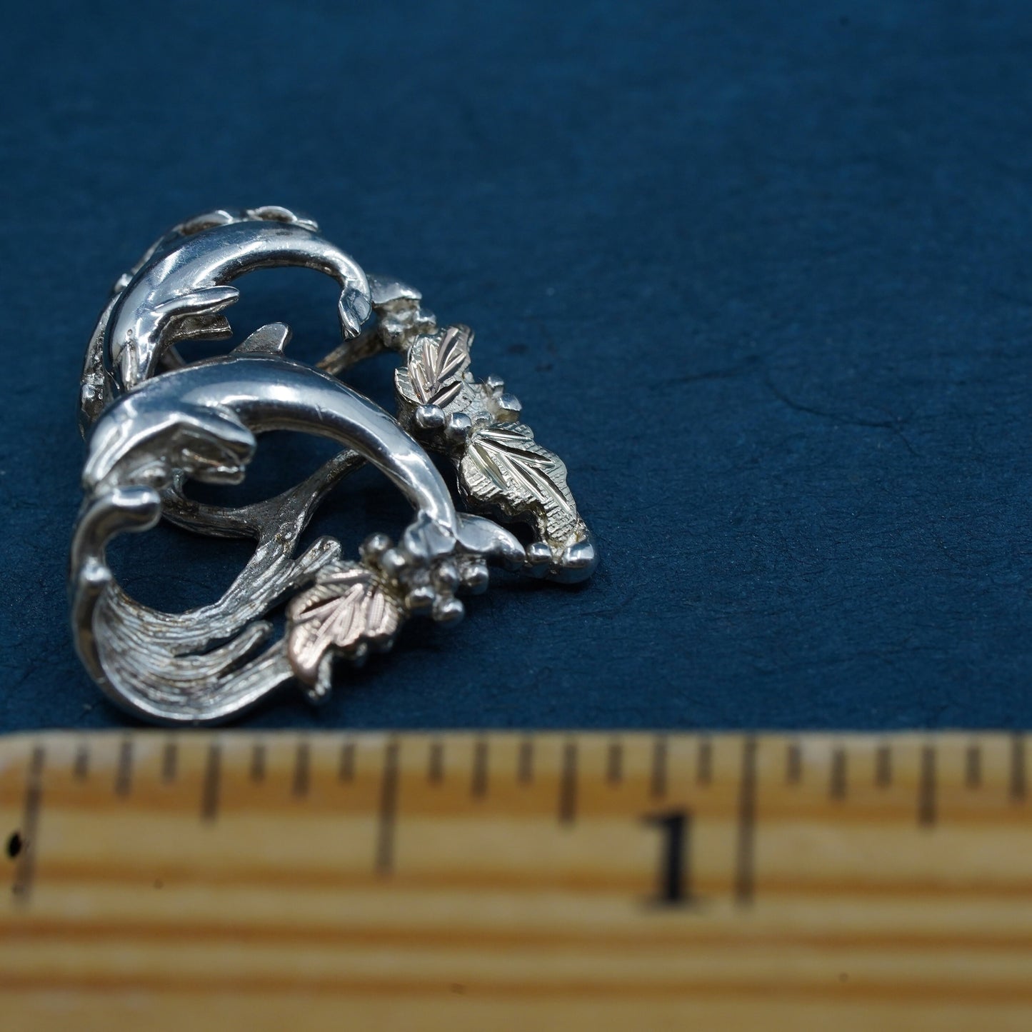 RGC Sterling 925 silver dolphin heart pendant w/ 12K gold and rose gold leaves