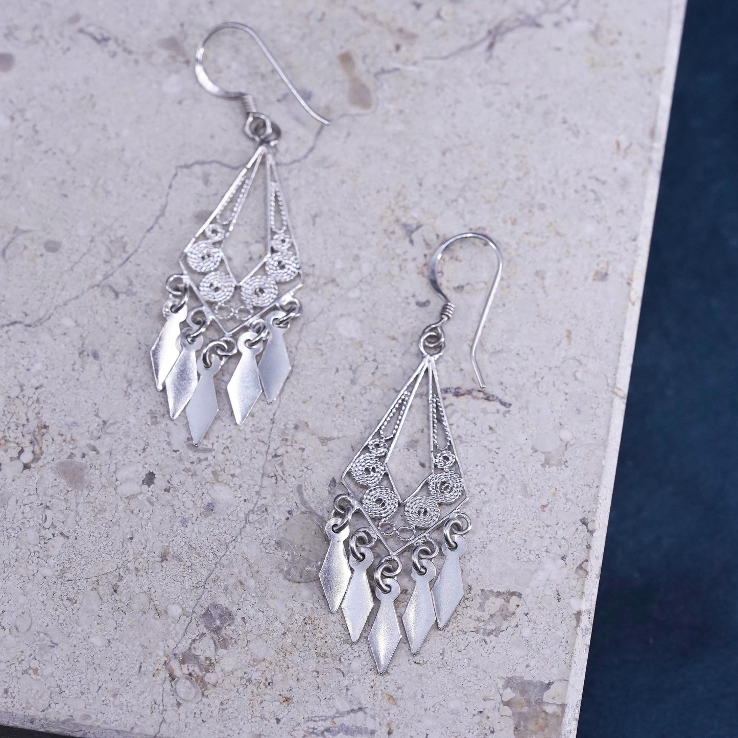 Vintage sterling silver handmade earrings, 925 filigree teardrop dangles