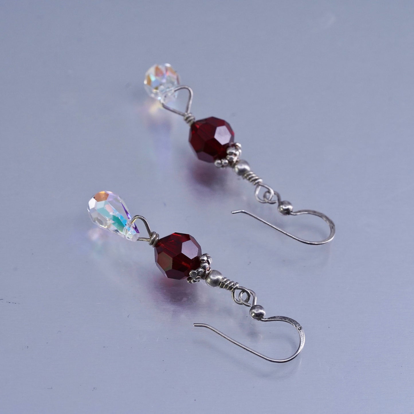 Vintage Sterling 925 silver earrings with ruby and teardrop crystal