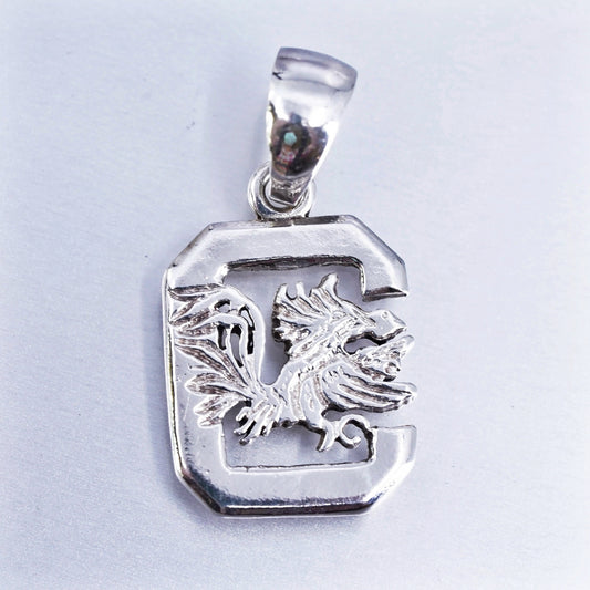 Vintage Sterling silver 925 handmade bird phoenix pendant charm with letter C