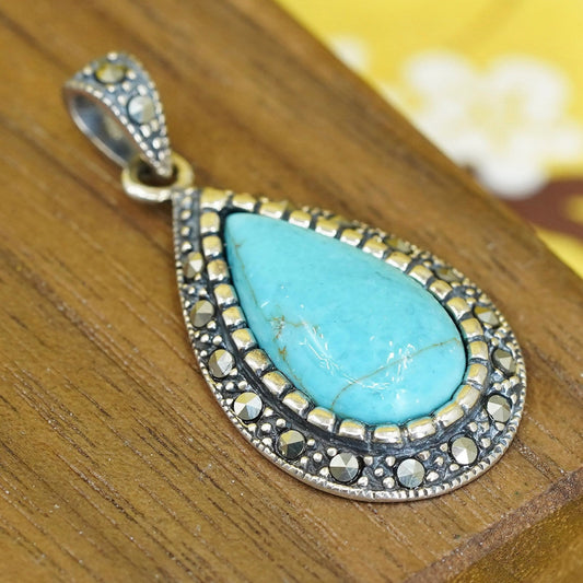 Vintage Sterling silver handmade pendant with turquoise, 925 teardrop w/ beads