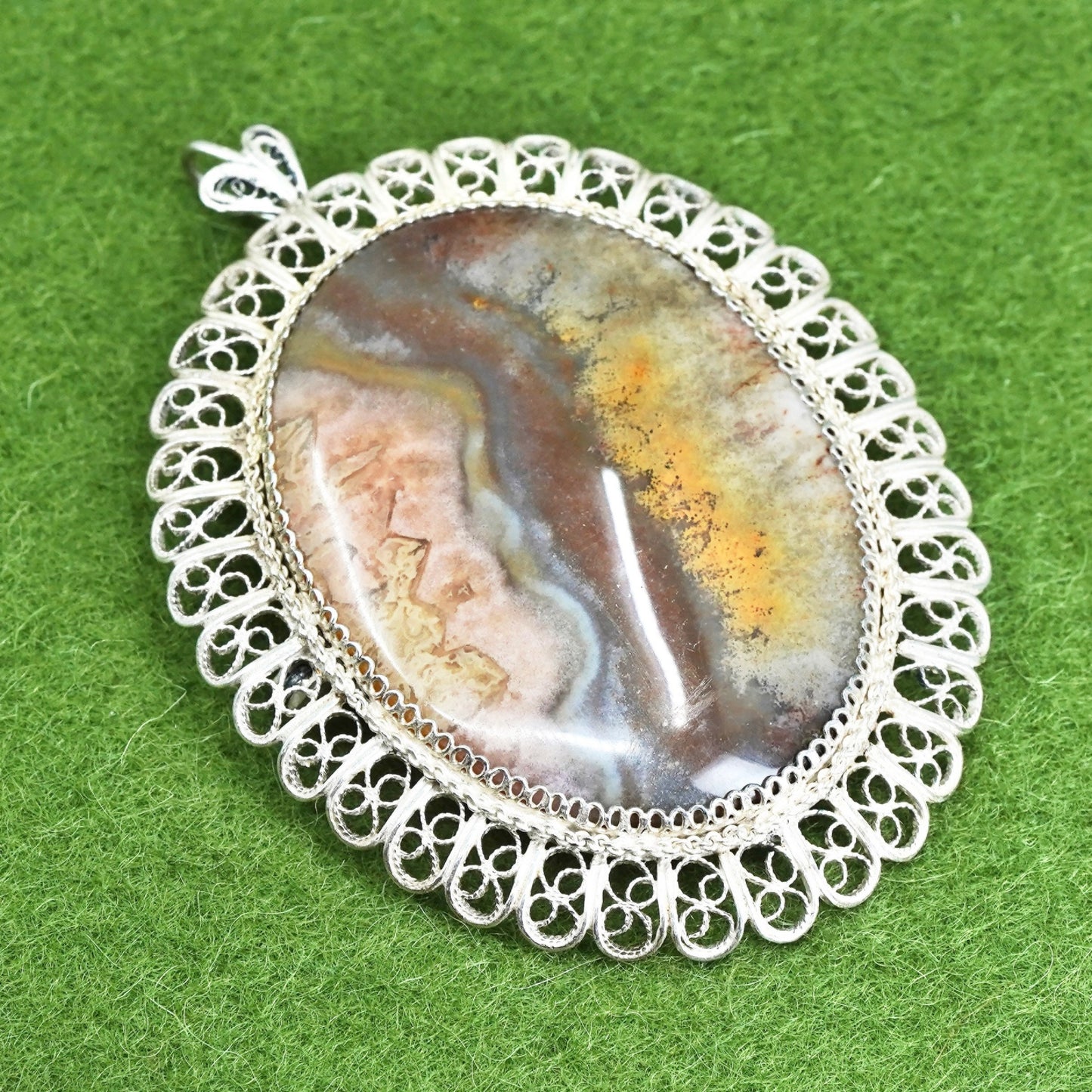 Sterling silver handmade brooch, 900 filigree pendant, oval landscape agate