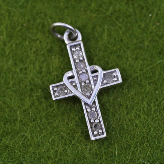 Vintage sterling silver pendant, 925 genuine diamond cross heart pendant