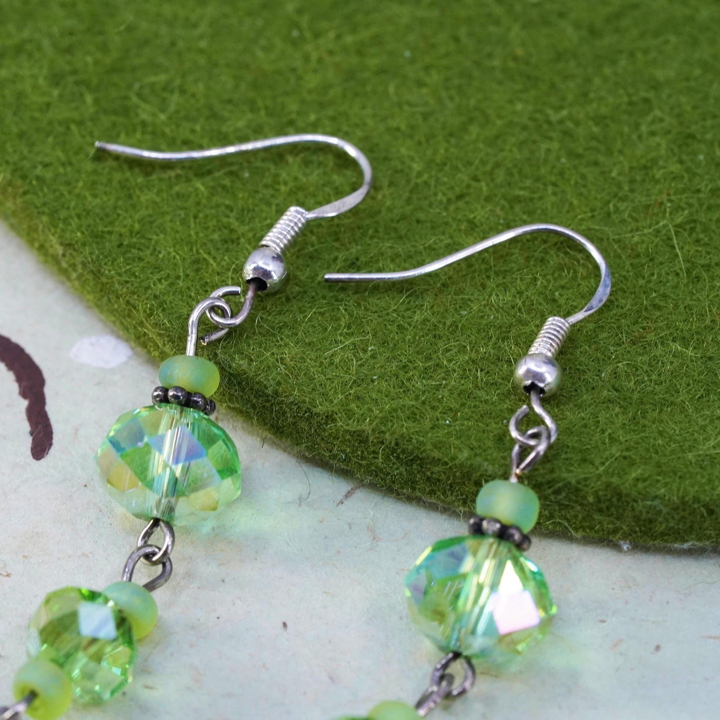 Vintage sterling silver handmade earrings, 925 silver with green crystal drops