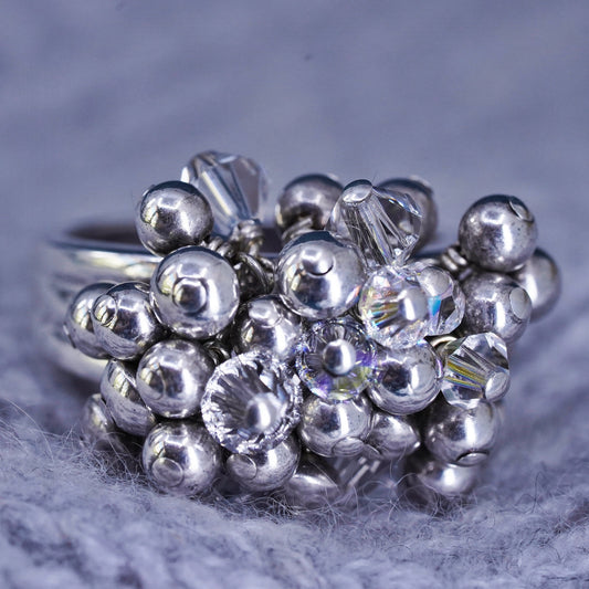 Size 9, vintage Sterling silver ring, 925 cocktail ring cluster bead charms