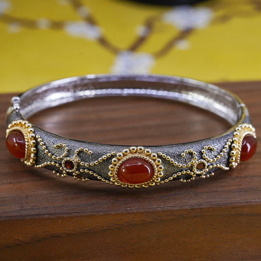 6.75”, Vintage two tone Sterling silver bracelet, 925 bangle marcasite beads