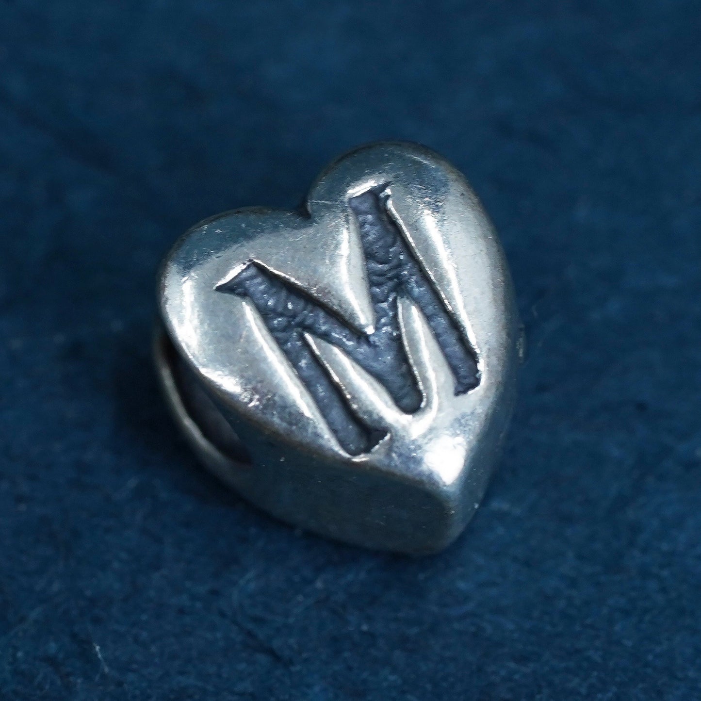 Vintage sterling silver pendant, 925 heart bead charm Embossed initial “m”