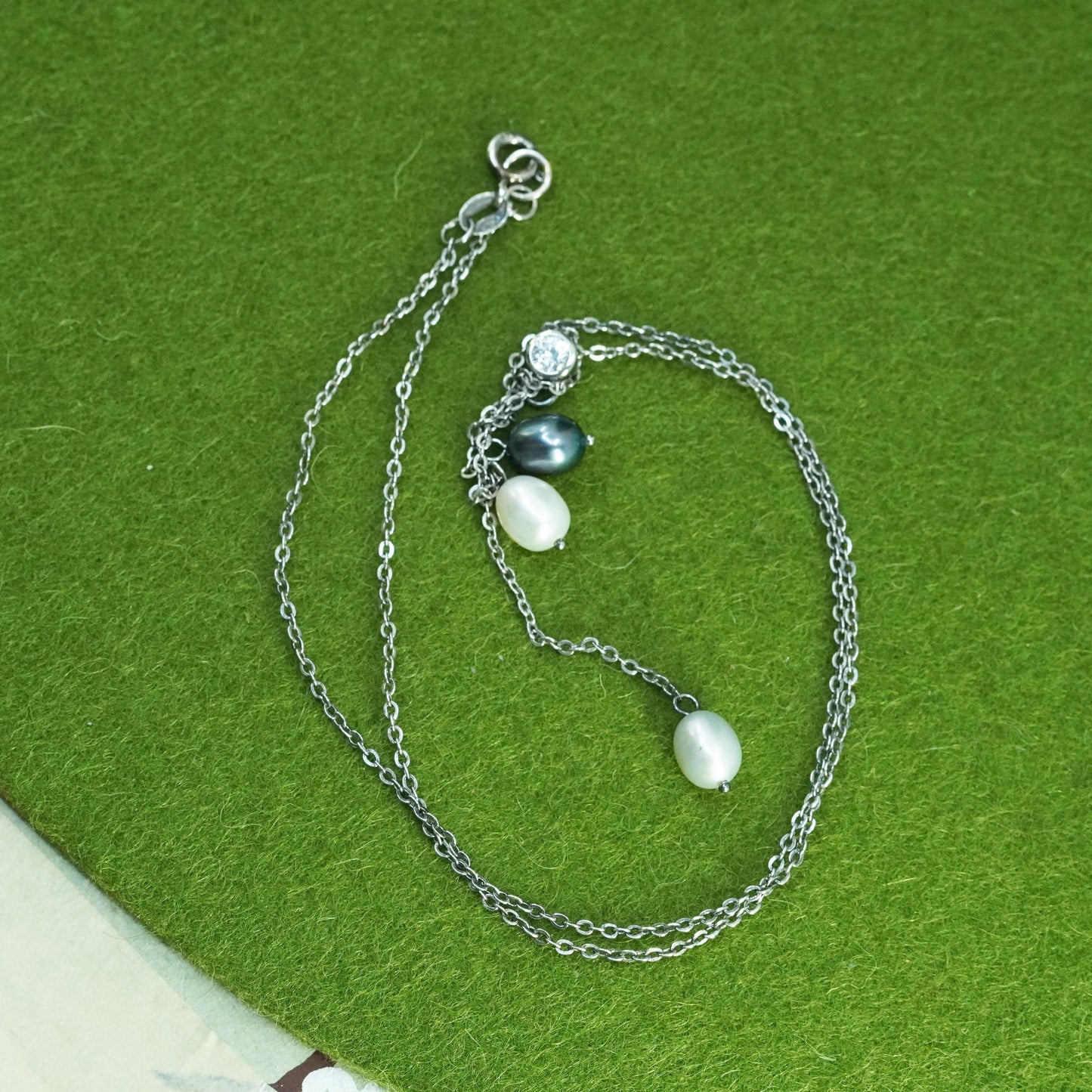 16”, sterling 925 silver handmade necklace, circle chain with pearl pendants