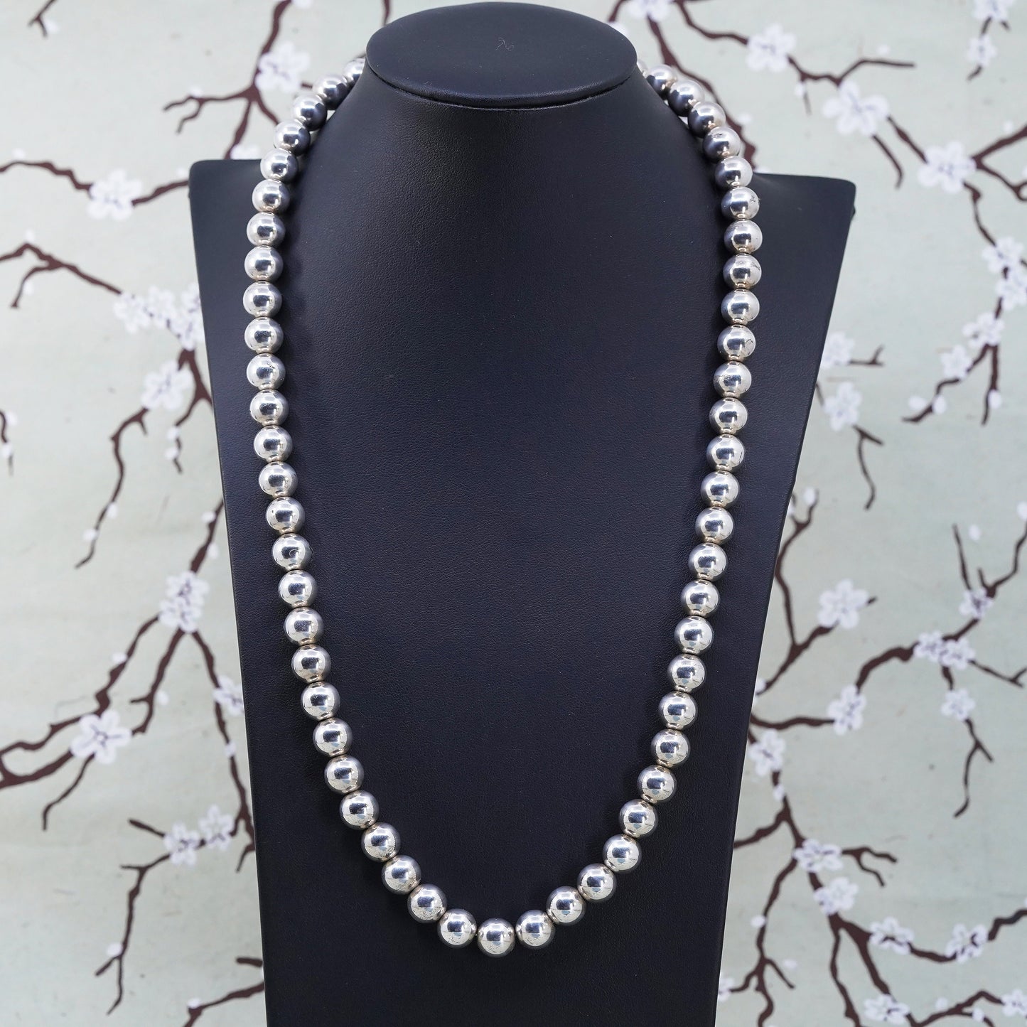 24", 10mm, Vintage sterling silver handmade beads necklace, 925 silver chain