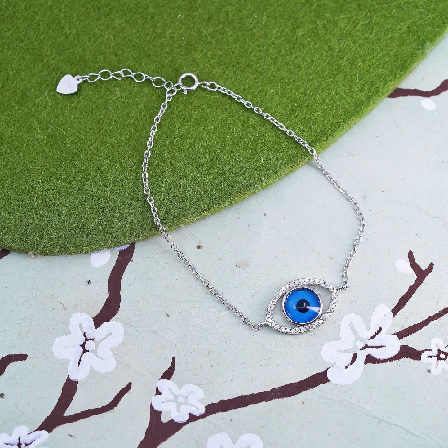 6.75+1”, handmade sterling 925 silver bracelet, blue glass evil eye with Cz