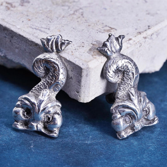 Vintage Taxco Sterling silver earrings, 925 screw back mermaid fish monster