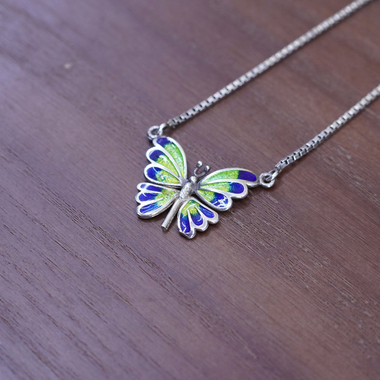 16”, sterling silver handmade necklace, 925 box chain with enamel butterfly