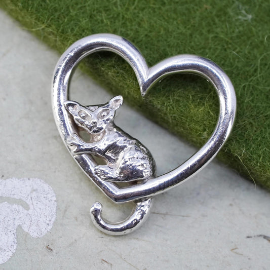 Vintage sterling silver handmade pendant, 925 cat kitty heart