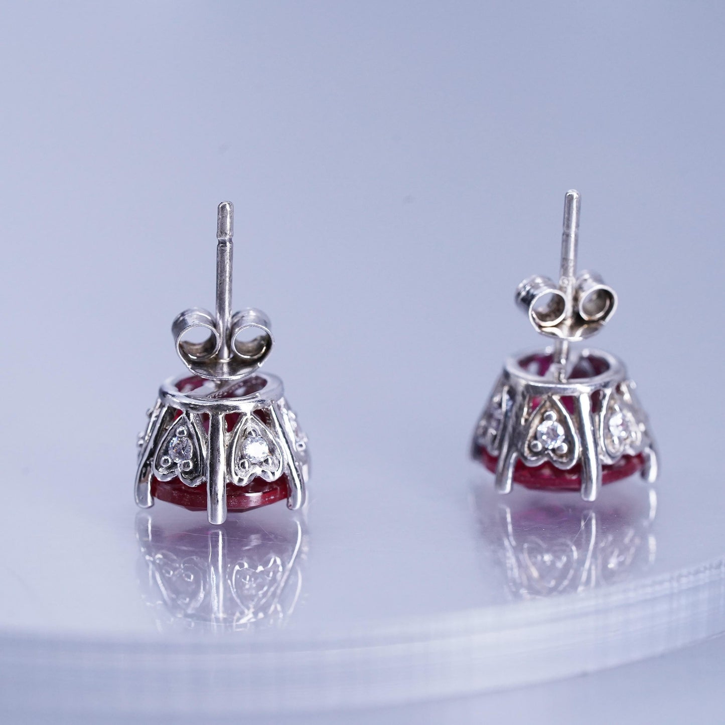 Vintage Sterling 925 silver handmade earrings, studs with ruby cz on the side