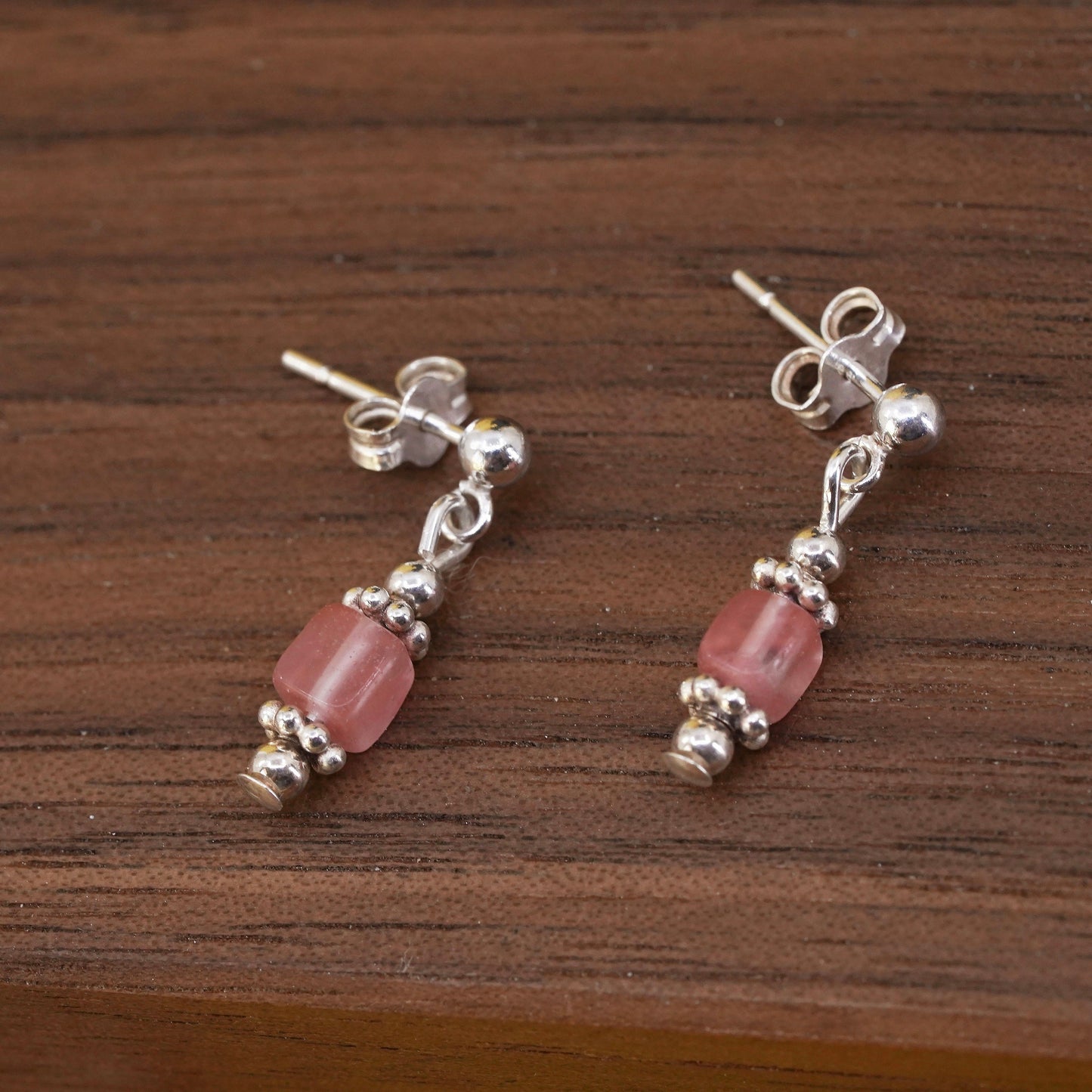 Vintage Sterling 925 silver handmade earrings with pink rose quartz