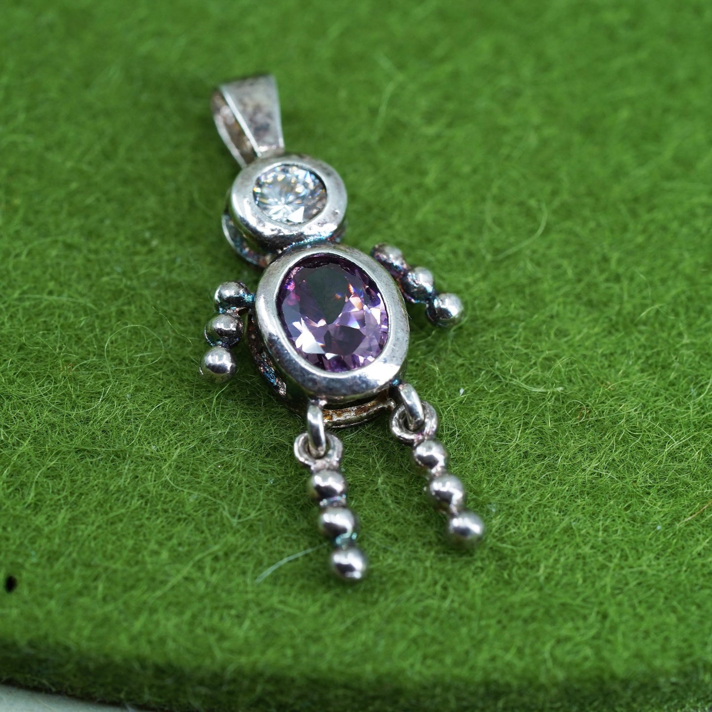 Vintage sterling 925 silver birthstone pendant boy figure charm with amethyst