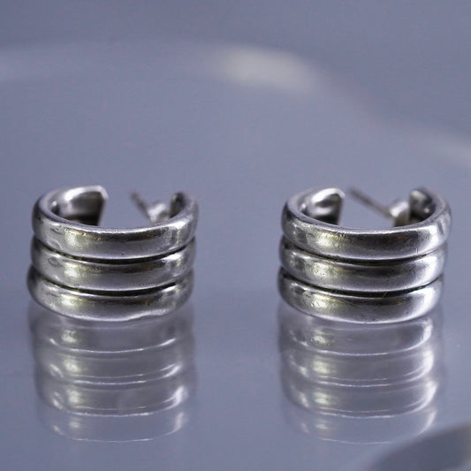 0.75”, vintage Sterling silver handmade earrings, modern 925 wide huggie studs