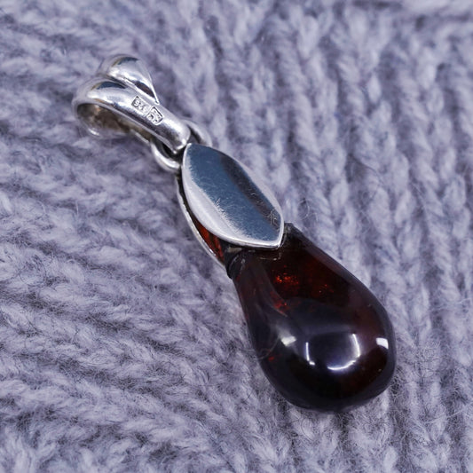 Vintage Sterling silver handmade teardrop pendant with amber