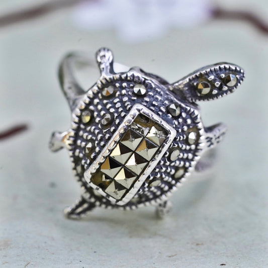 Size 7, sterling silver handmade ring, 925 turtle with movable head marcasite