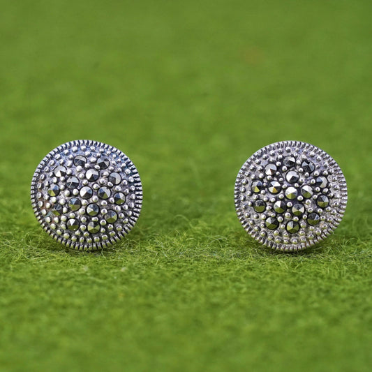 Vintage Sterling 925 silver handmade circle studs earrings with Marcasite