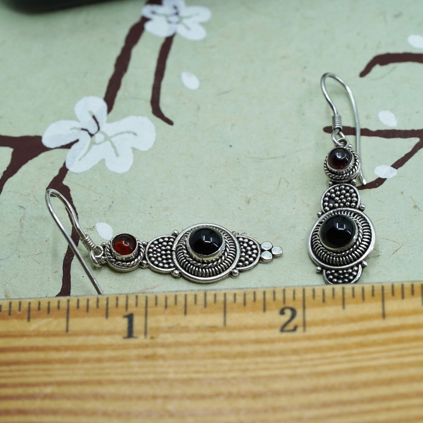 Vintage Sterling silver 925 handmade bali earrings with garnet beads