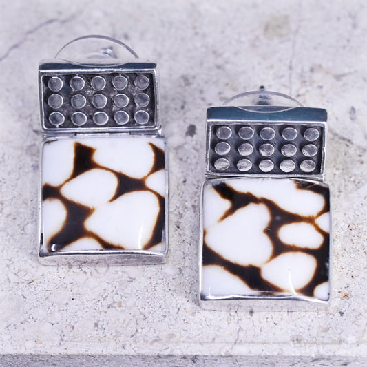 VTG sterling 925 silver handmade beaded earrings rectangular snakeskin agate