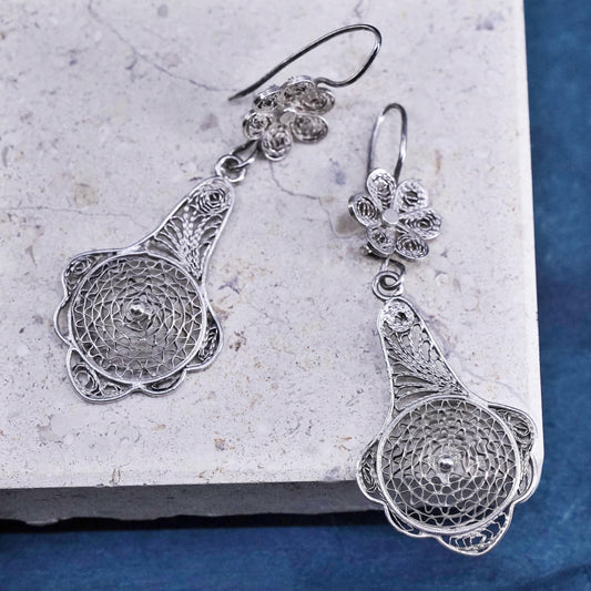 Vintage sterling silver handmade earrings, 925 filigree flower teardrop dangles