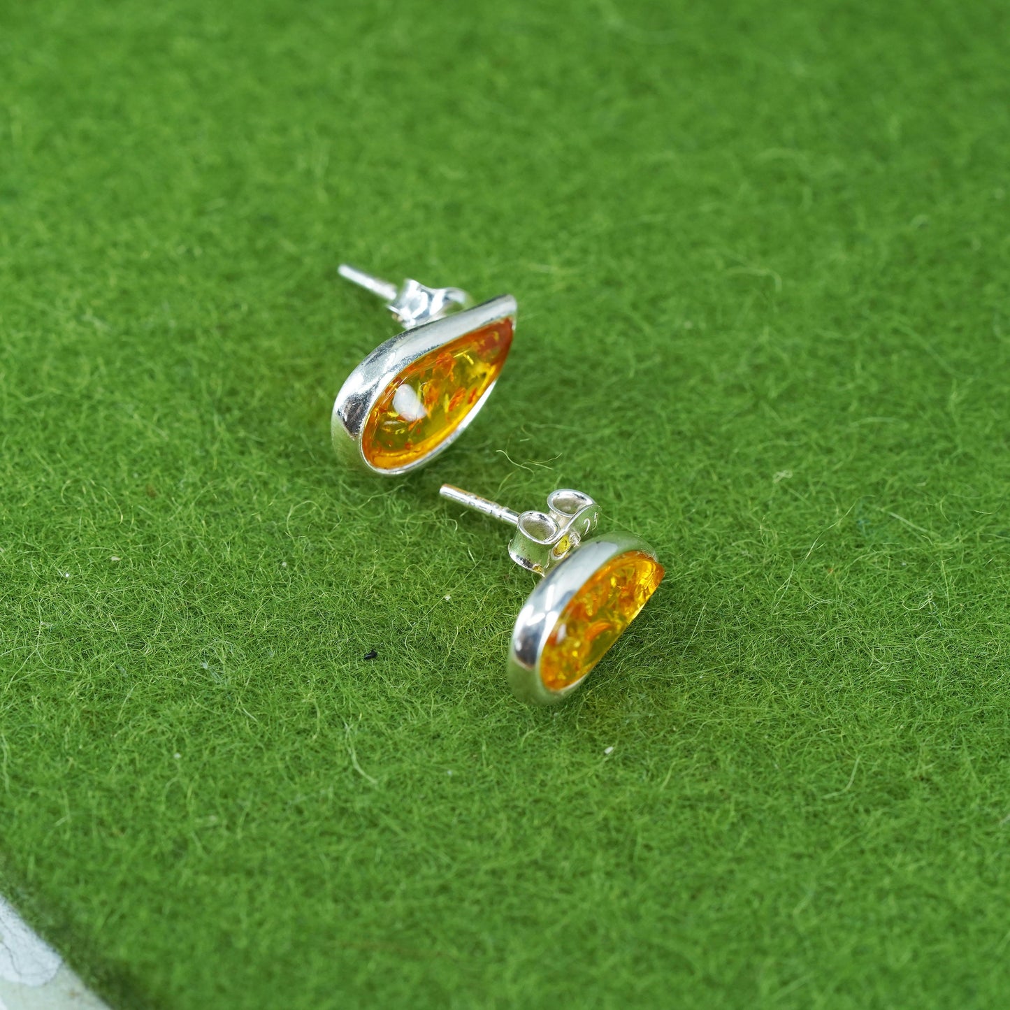 Vintage Sterling 925 silver handmade earrings with oval Amber studs