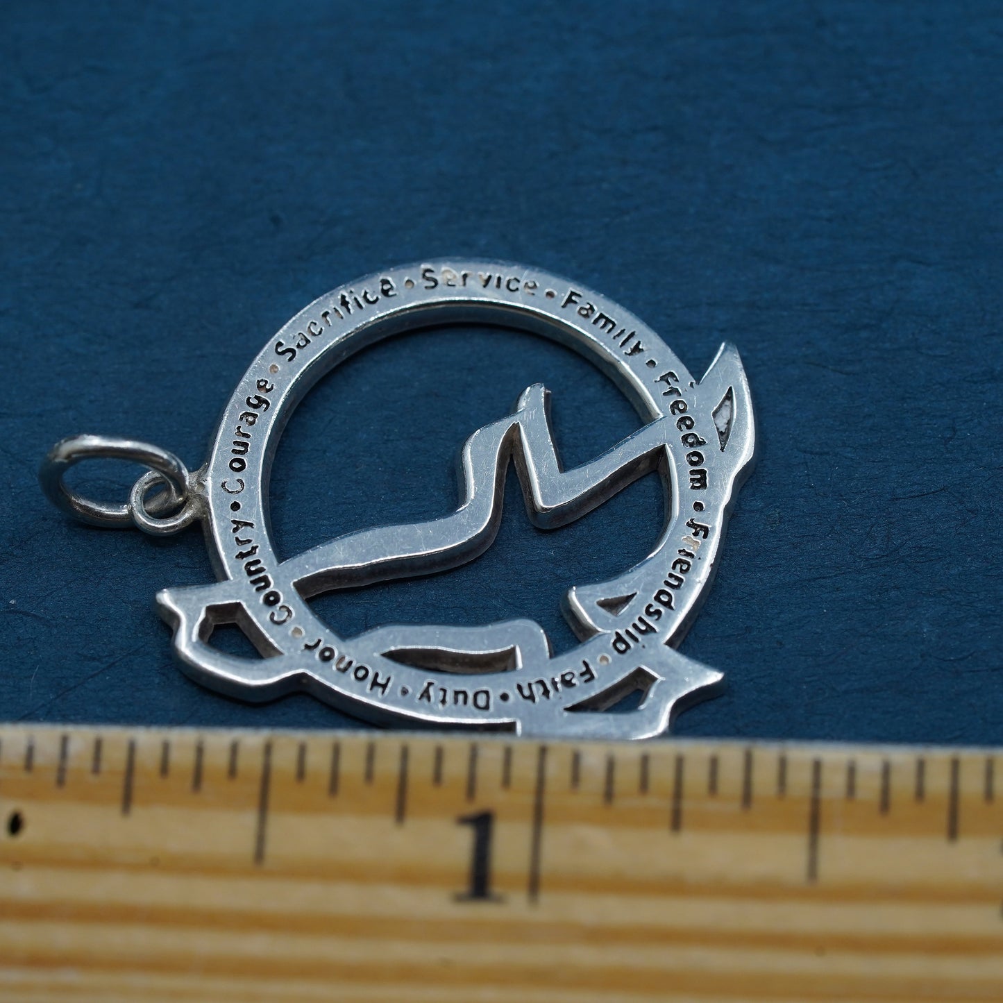 sterling silver pendant, 925 peace dove bird “family freedom faith duty honor