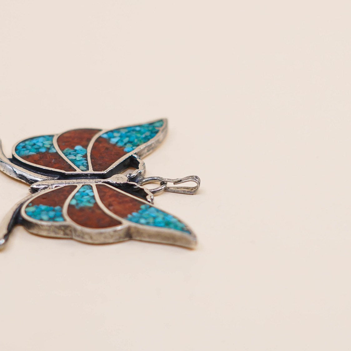 VTG sterling silver pendant, Native American 925 butterfly w/ turquoise n coral