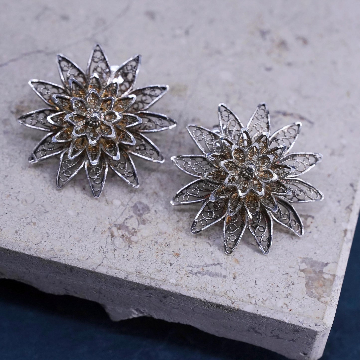 Vintage sterling silver handmade earrings, 925 filigree flower studs