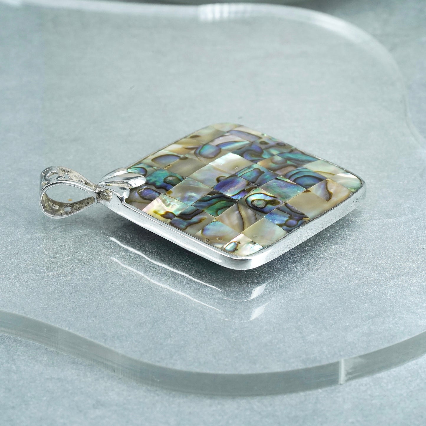 vintage sterling 925 silver handmade square pendant with abalone inlay