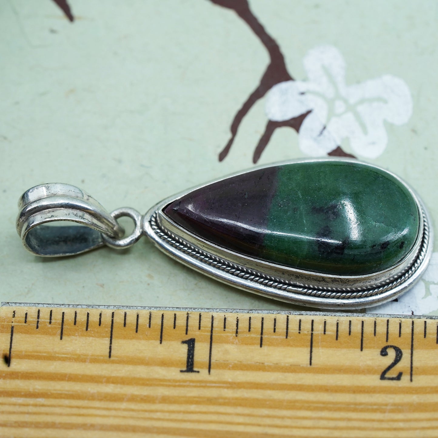 Vintage sterling silver handmade pendant, Mexican 925 teardrop w/ ruby zoisite