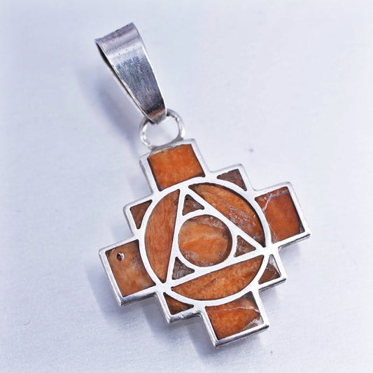 Vintage sterling 950 silver handmade Jerusalem cross pendant with coral inlay