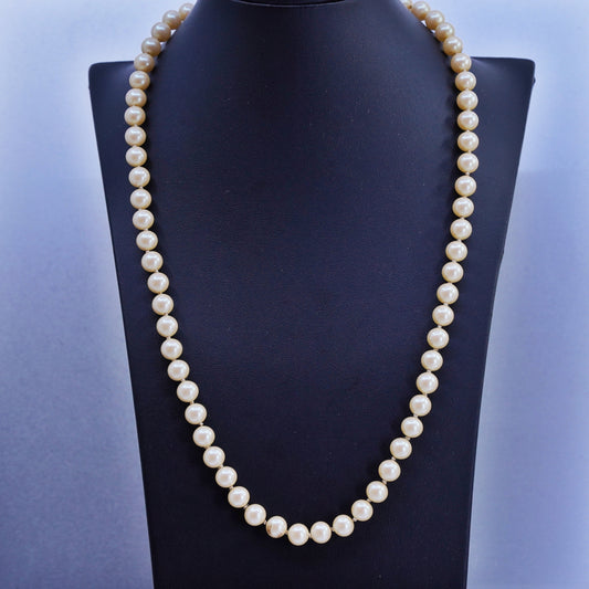 23”, vintage 1940s 8mm golden pearl necklace with Sterling 925 silver clasp