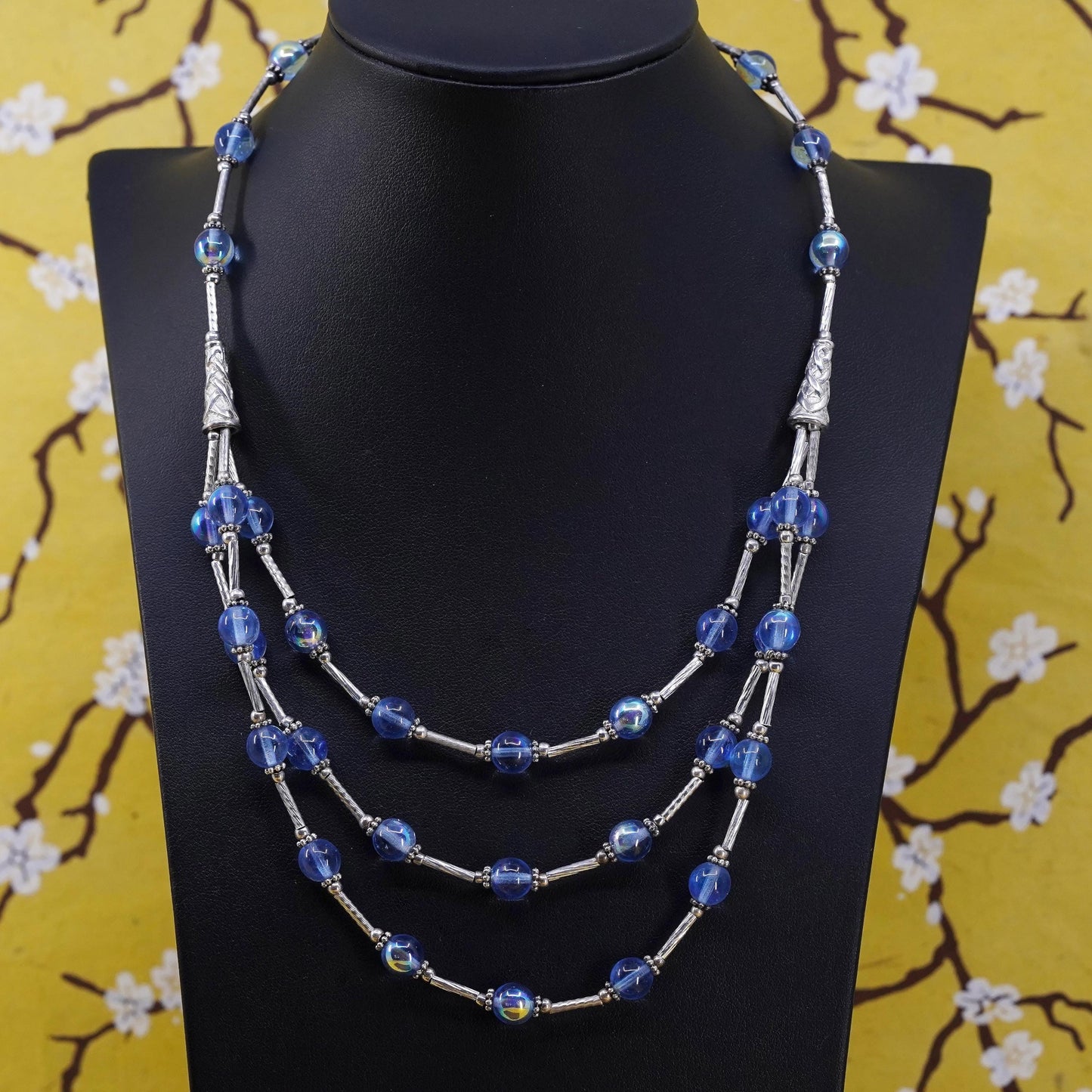 18", necklace, multi strands blue glass beads chains sterling 925 silver clasp