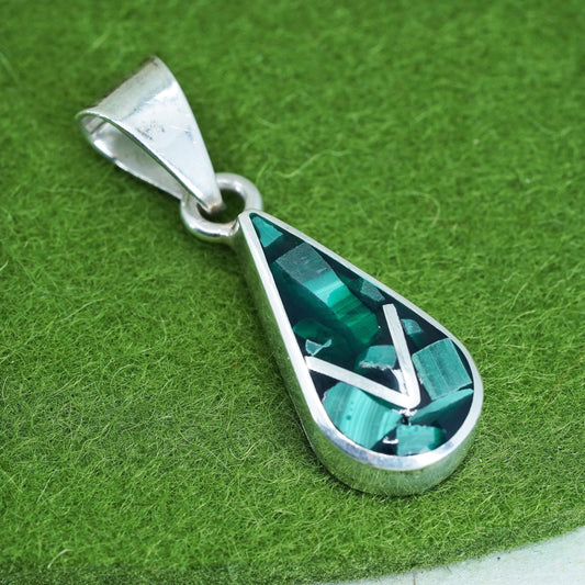 Vintage Mexican sterling 925 silver handmade teardrop pendant malachite inlay