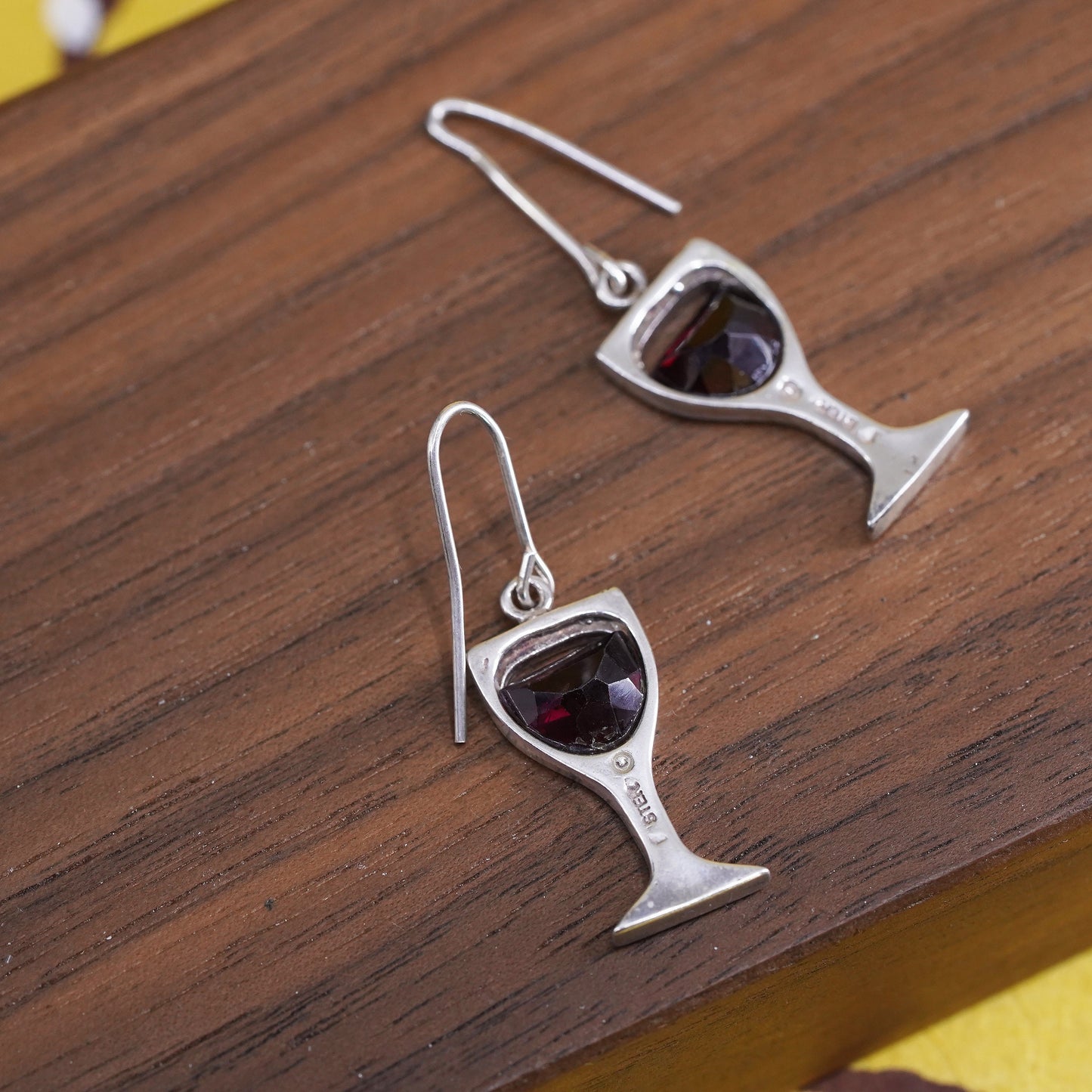 Vintage Sterling silver handmade earrings, 925 red wine glass dangles