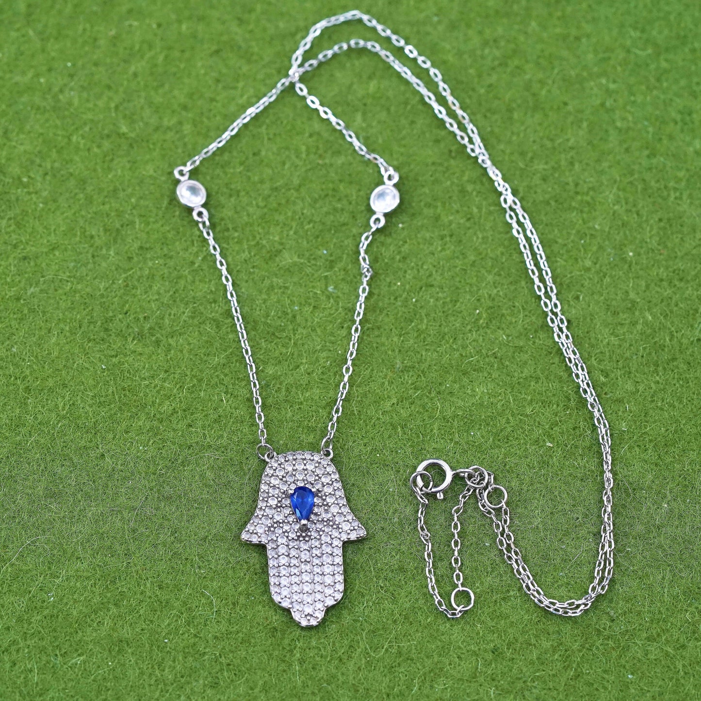 Sterling silver necklace, 925 circle chain Hamsa hand and sapphire, cluster cz