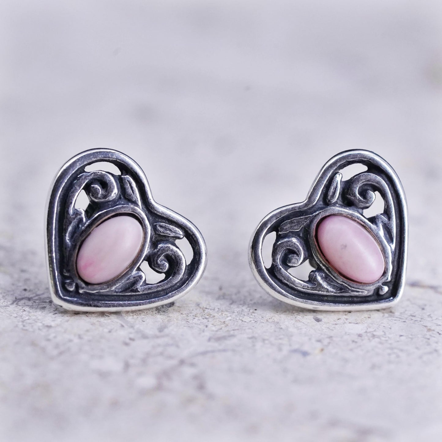 Vintage Sterling silver handmade earrings, 925 filigree heart studs pink stone