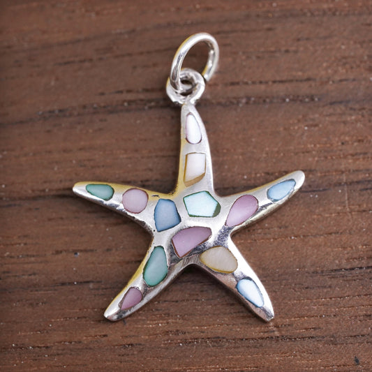 Vintage Sterling 925 silver star starfish pendant w/ pink blue mother of pearl