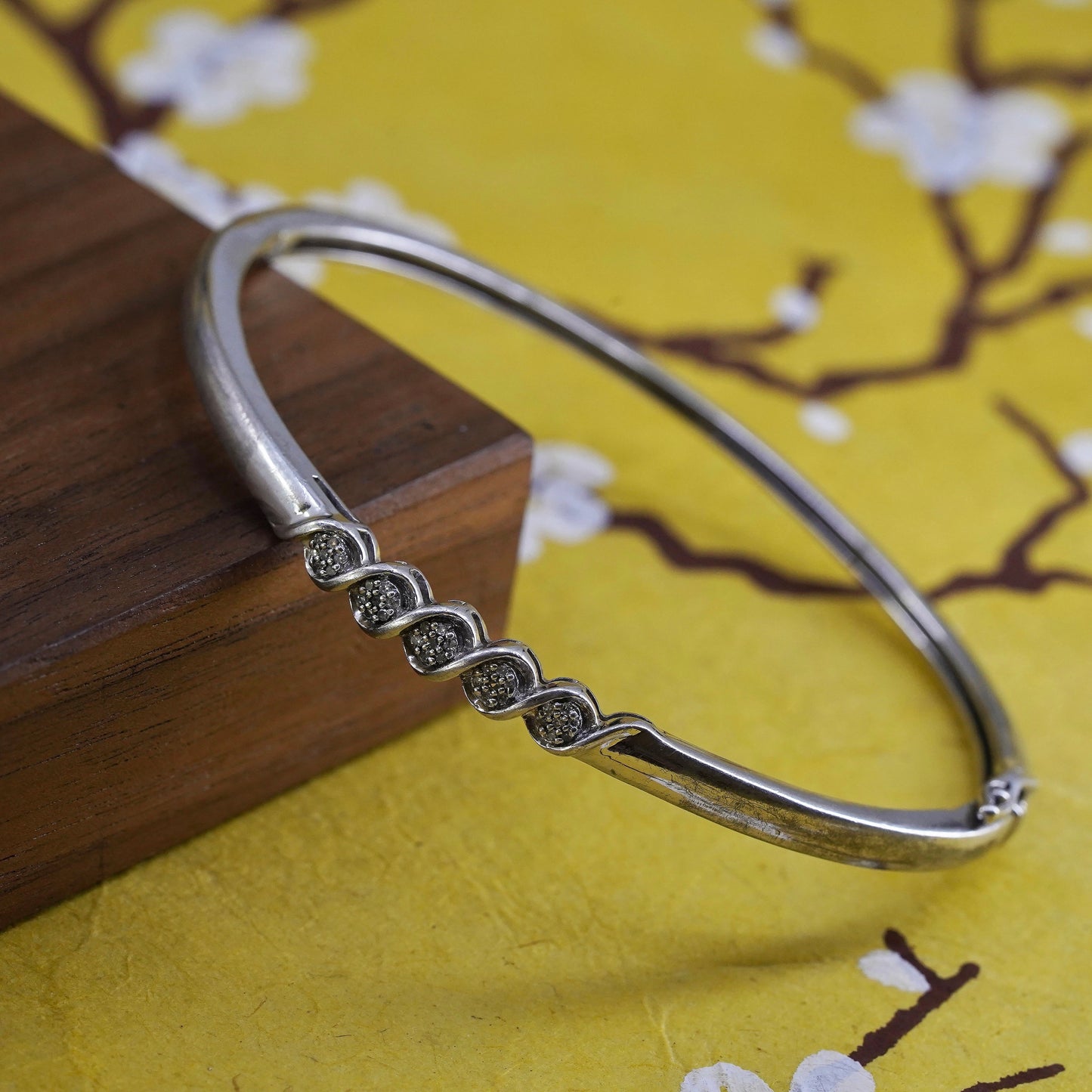 7”, Vintage Sterling silver bracelet, 925 hinged bangle with diamonds